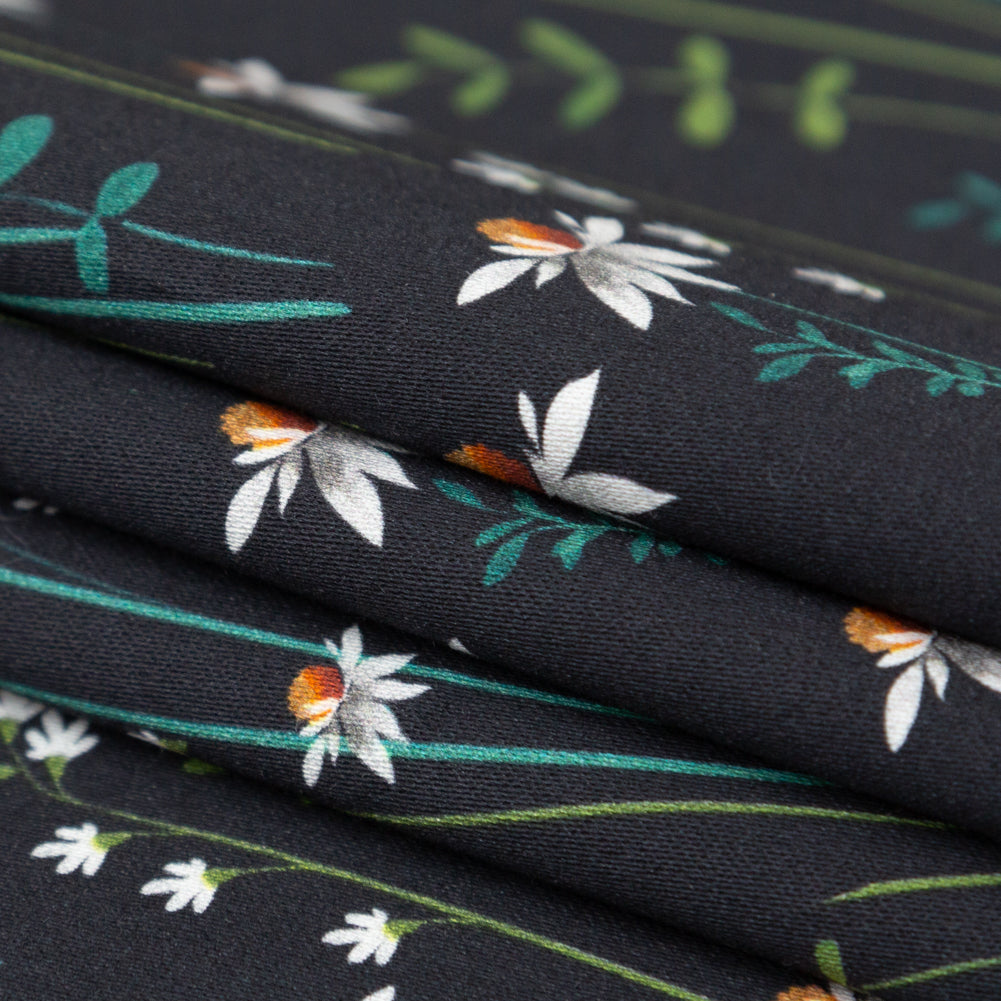 Stretch Cotton Sateen Panel - Black Beauty Daisy Flowers - Growing Distant Print - Mood Exclusive Kenko Collection - Folded