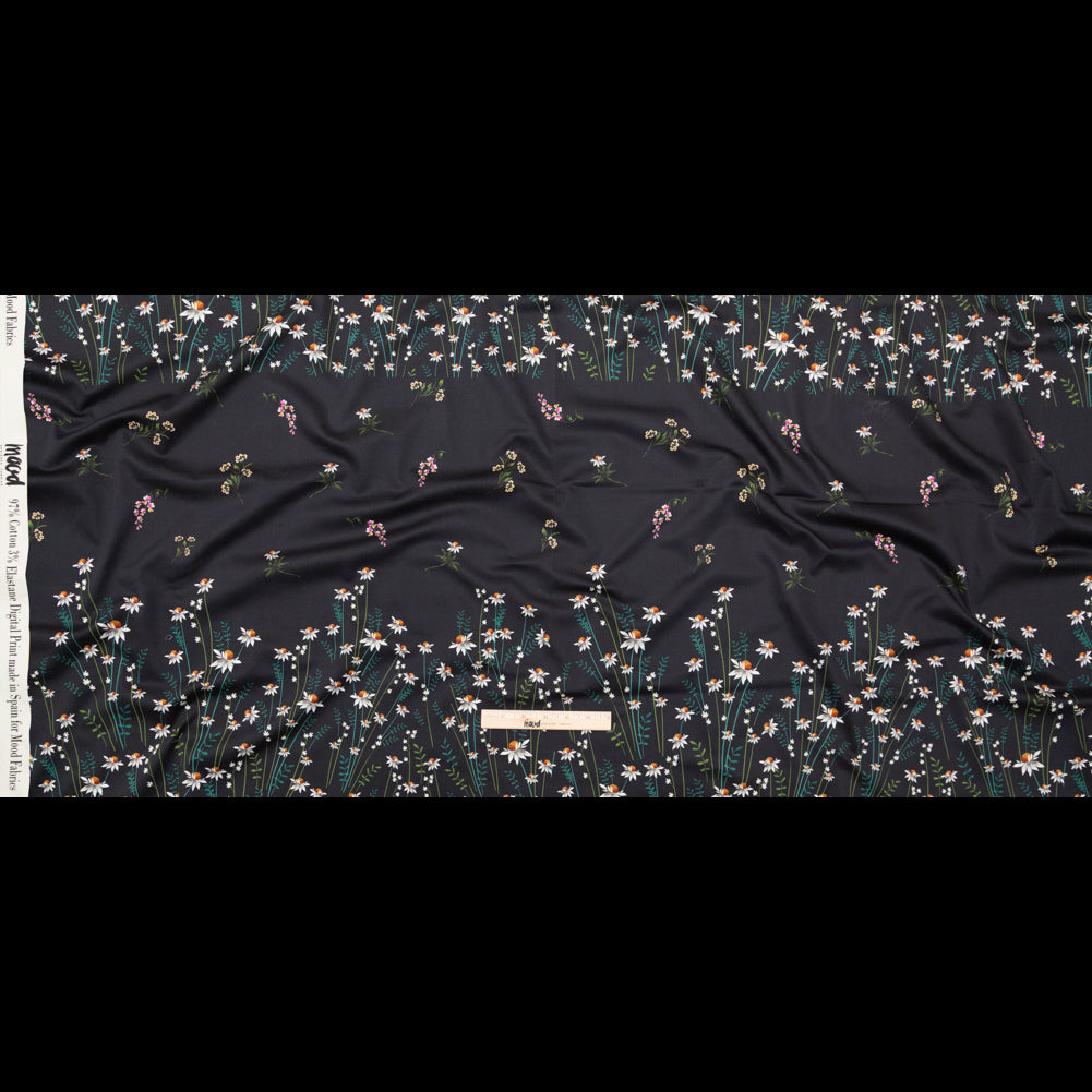 Stretch Cotton Sateen Panel - Black Beauty Daisy Flowers - Growing Distant Print - Mood Exclusive Kenko Collection - Full