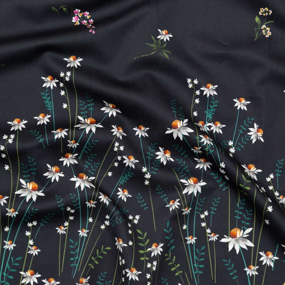 Stretch Cotton Sateen Panel - Black Beauty Daisy Flowers - Growing Distant Print - Mood Exclusive Kenko Collection