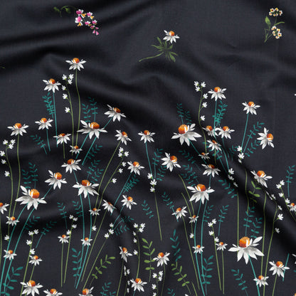 Stretch Cotton Sateen Panel - Black Beauty Daisy Flowers - Growing Distant Print - Mood Exclusive Kenko Collection