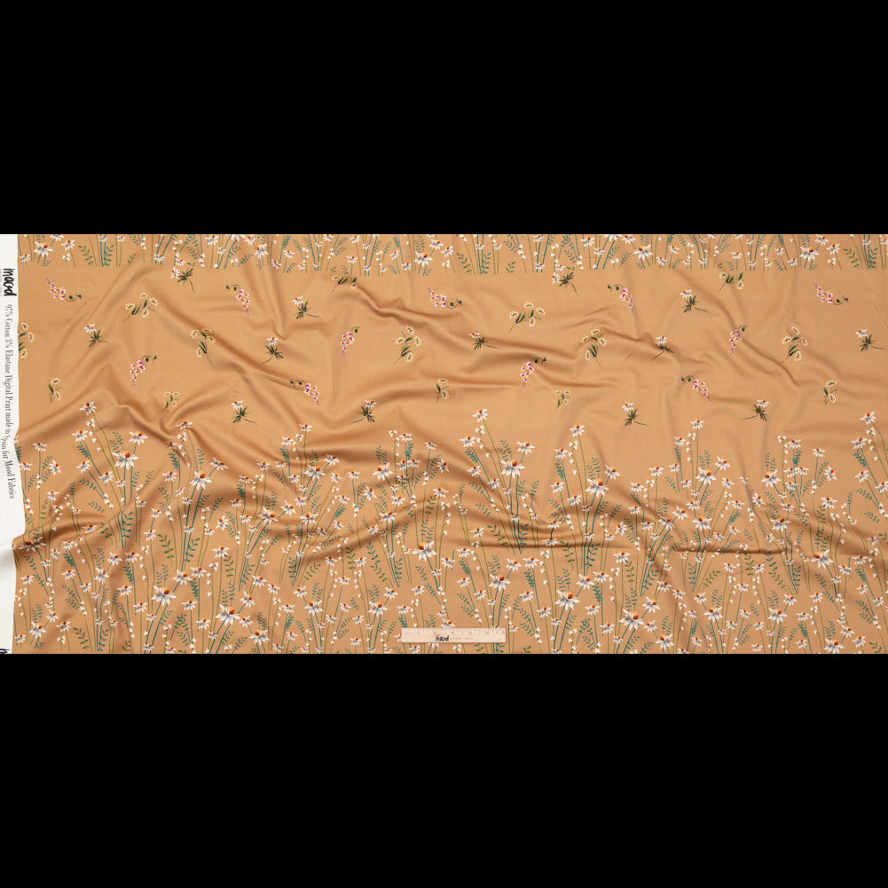 Stretch Cotton Sateen Panel - Brown Sugar Daisy Flowers - Growing Distant Print - Mood Exclusive Kenko Collection - Full