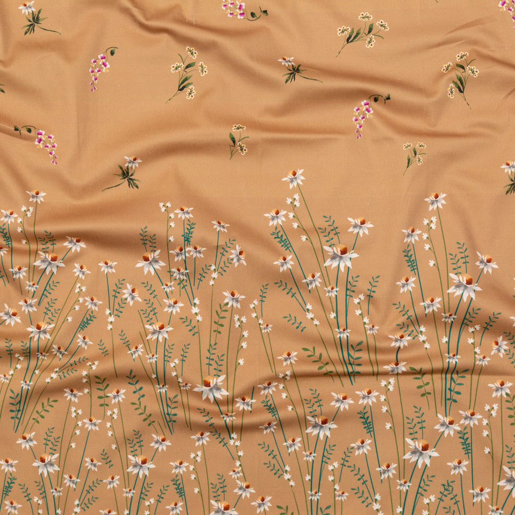 Stretch Cotton Sateen Panel - Brown Sugar Daisy Flowers - Growing Distant Print - Mood Exclusive Kenko Collection