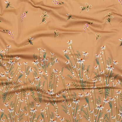Stretch Cotton Sateen Panel - Brown Sugar Daisy Flowers - Growing Distant Print - Mood Exclusive Kenko Collection
