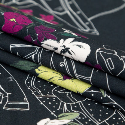 Stretch Cotton Sateen - Black Beauty Jackets and Flowers - Mono No Aware Print - Mood Exclusive Kenko Collection