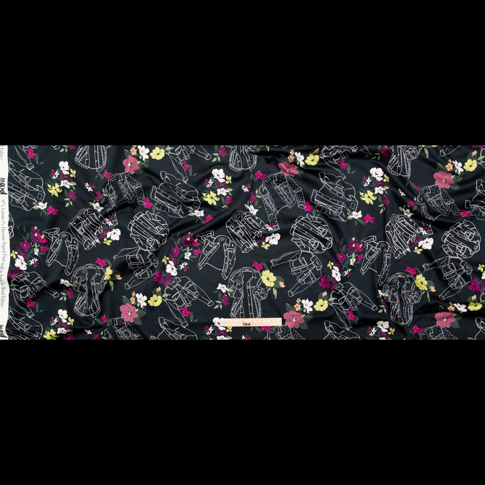 Stretch Cotton Sateen - Black Beauty Jackets and Flowers - Mono No Aware Print - Mood Exclusive Kenko Collection