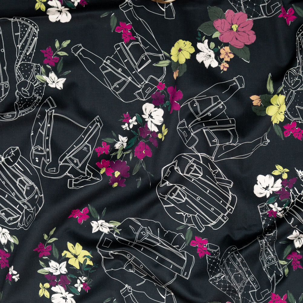 Stretch Cotton Sateen - Black Beauty Jackets and Flowers - Mono No Aware Print - Mood Exclusive Kenko Collection