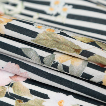 Cotton Voile - Red and Black Floral and Stripes - Stream of Consciousness Print - Mood Exclusive Kenko Collection