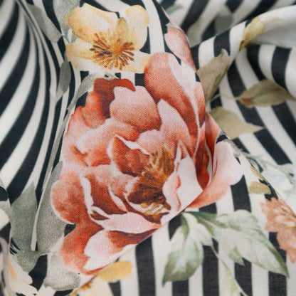 Cotton Voile - Red and Black Floral and Stripes - Stream of Consciousness Print - Mood Exclusive Kenko Collection