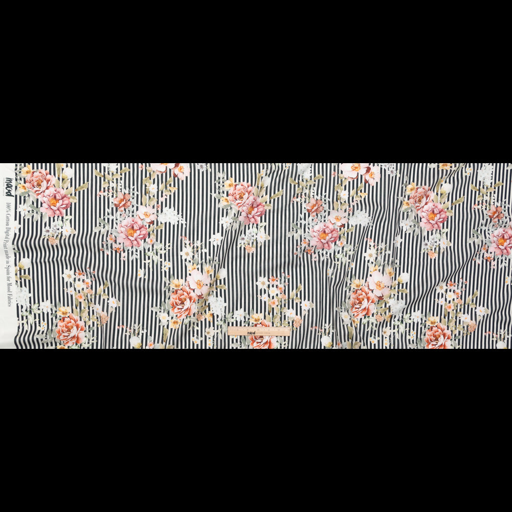 Cotton Voile - Red and Black Floral and Stripes - Stream of Consciousness Print - Mood Exclusive Kenko Collection