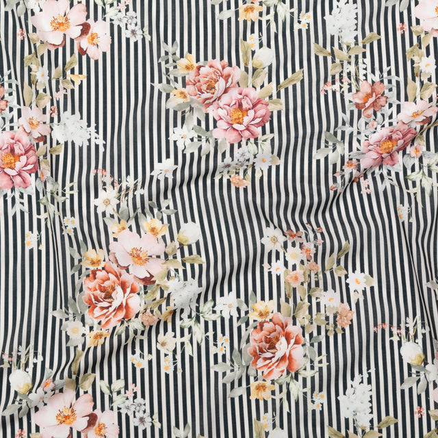 Cotton Voile - Red and Black Floral and Stripes - Stream of Consciousness Print - Mood Exclusive Kenko Collection
