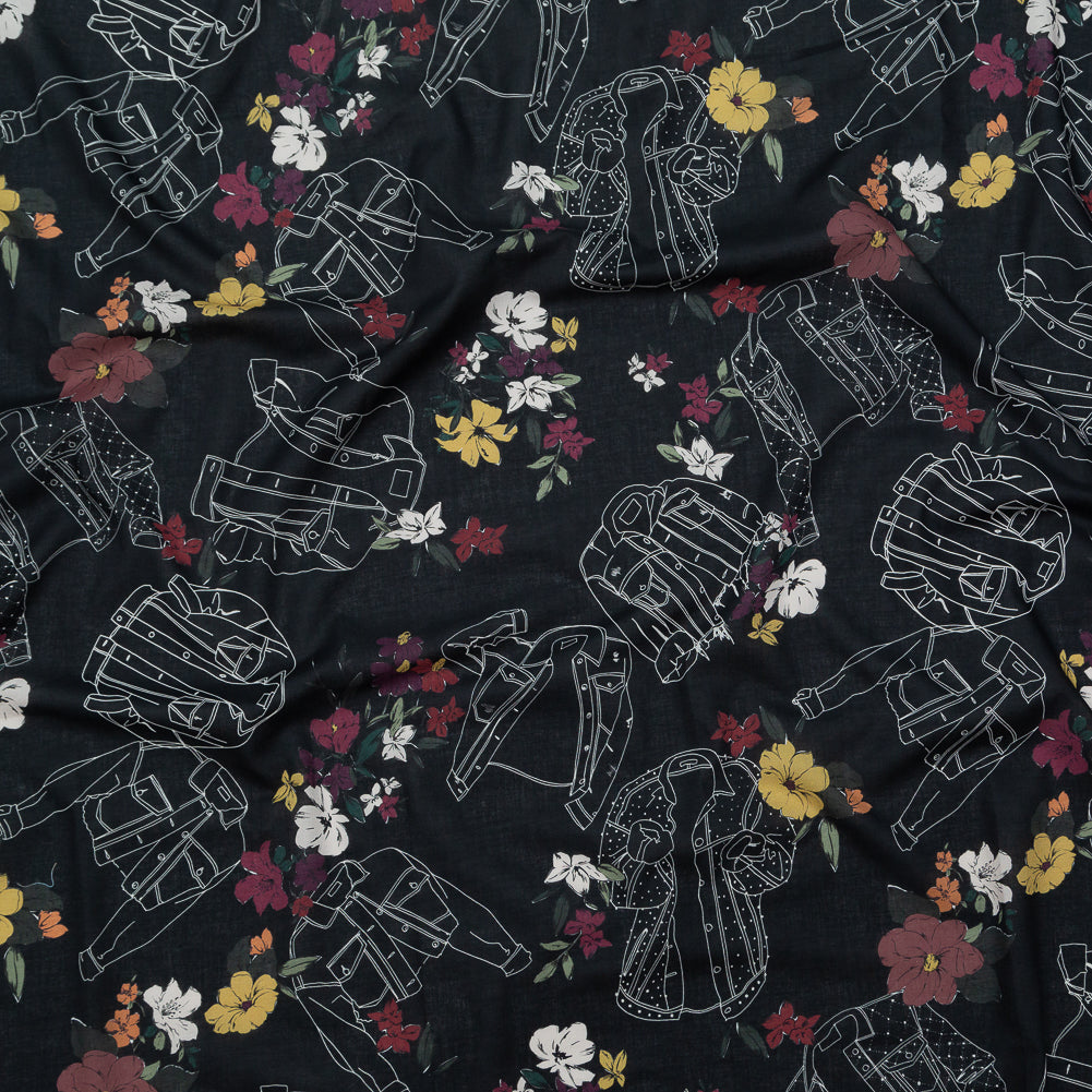 Cotton Voile - Black Beauty Jackets and Flowers - Mono No Aware Print - Mood Exclusive Kenko Collection