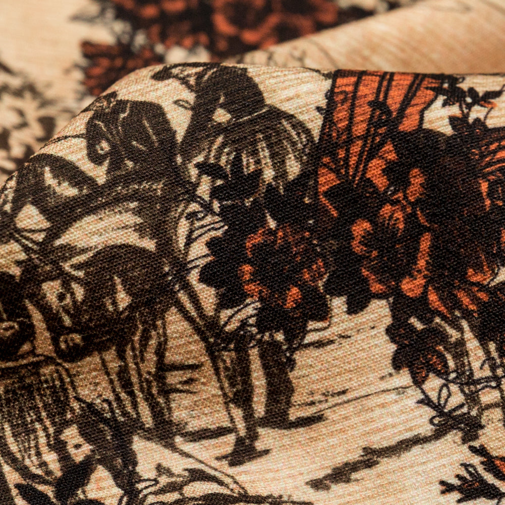 Stretch Polyester Crepe - Orange Floral and Toile - The Strange Dog Print - Mood Exclusive Crow Collection