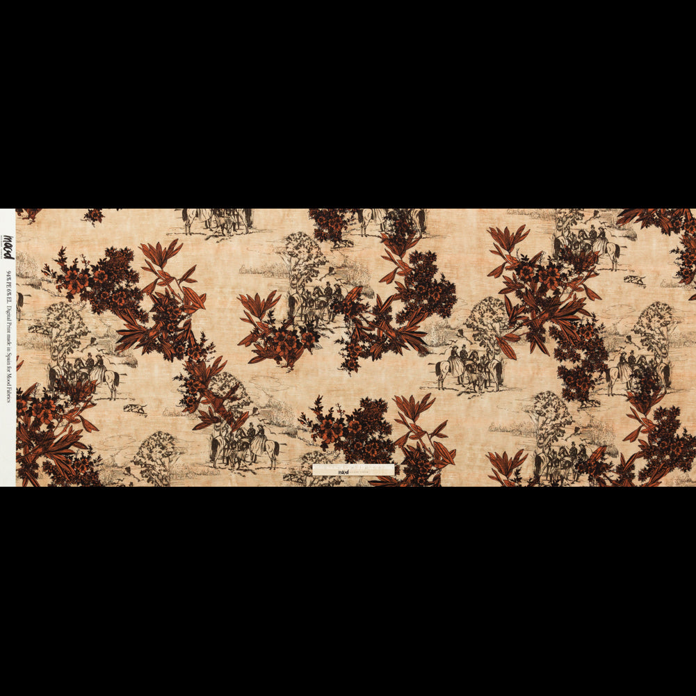 Stretch Polyester Crepe - Orange Floral and Toile - The Strange Dog Print - Mood Exclusive Crow Collection