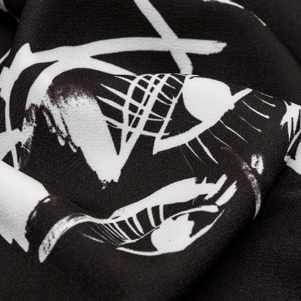 Stretch Polyester Crepe - Black and White Sketched Eyes - Ghosts and Family Legends Print - Mood Exclusive Crow Collection