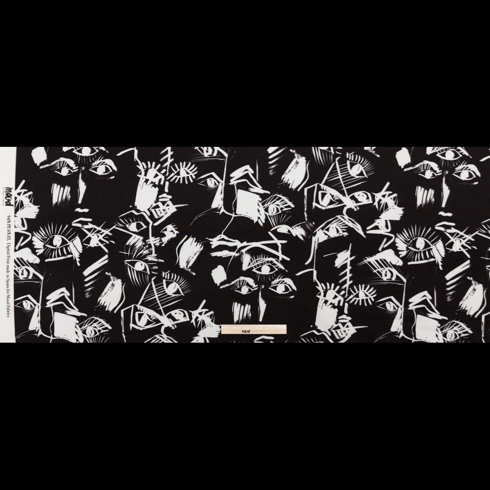 Stretch Polyester Crepe - Black and White Sketched Eyes - Ghosts and Family Legends Print - Mood Exclusive Crow Collection