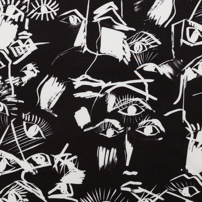 Stretch Polyester Crepe - Black and White Sketched Eyes - Ghosts and Family Legends Print - Mood Exclusive Crow Collection