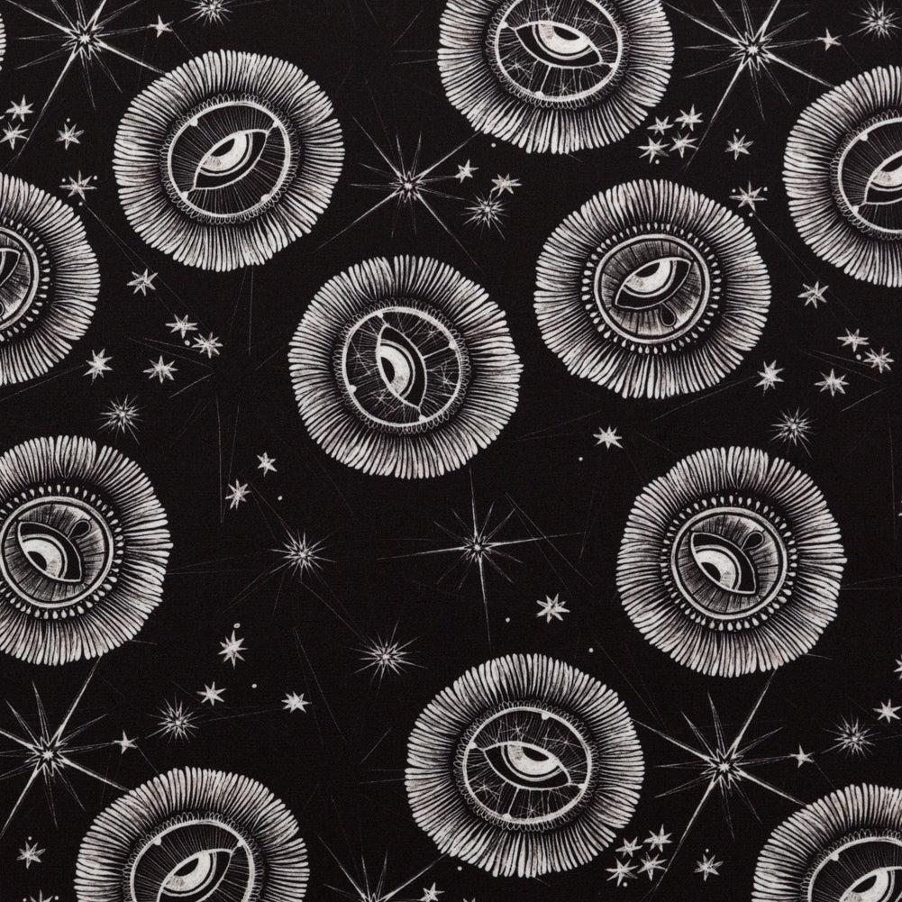 Stretch Polyester Crepe - Black and White Celestial Eyes - Night Side of Nature Print - Mood Exclusive Crow Collection