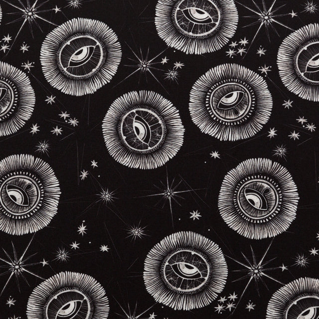 Stretch Polyester Crepe - Black and White Celestial Eyes - Night Side of Nature Print - Mood Exclusive Crow Collection