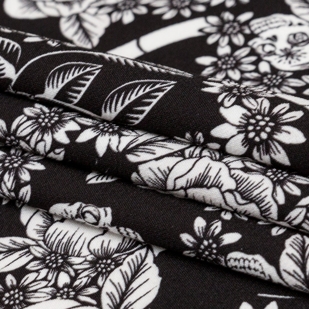 Stretch Polyester Crepe - Black and Star White Roses - Prophetic Dreams Print - Mood Exclusive Crow Collection - Folded