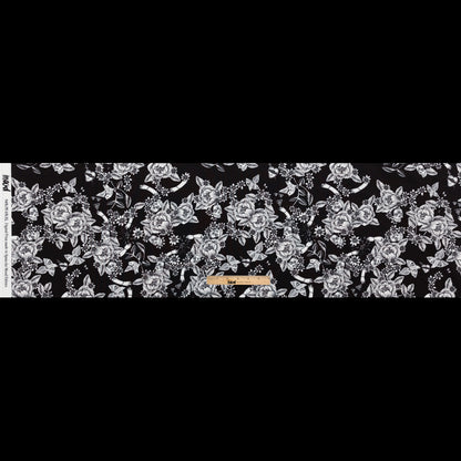 Stretch Polyester Crepe - Black and Star White Roses - Prophetic Dreams Print - Mood Exclusive Crow Collection