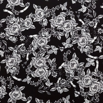 Stretch Polyester Crepe - Black and Star White Roses - Prophetic Dreams Print - Mood Exclusive Crow Collection