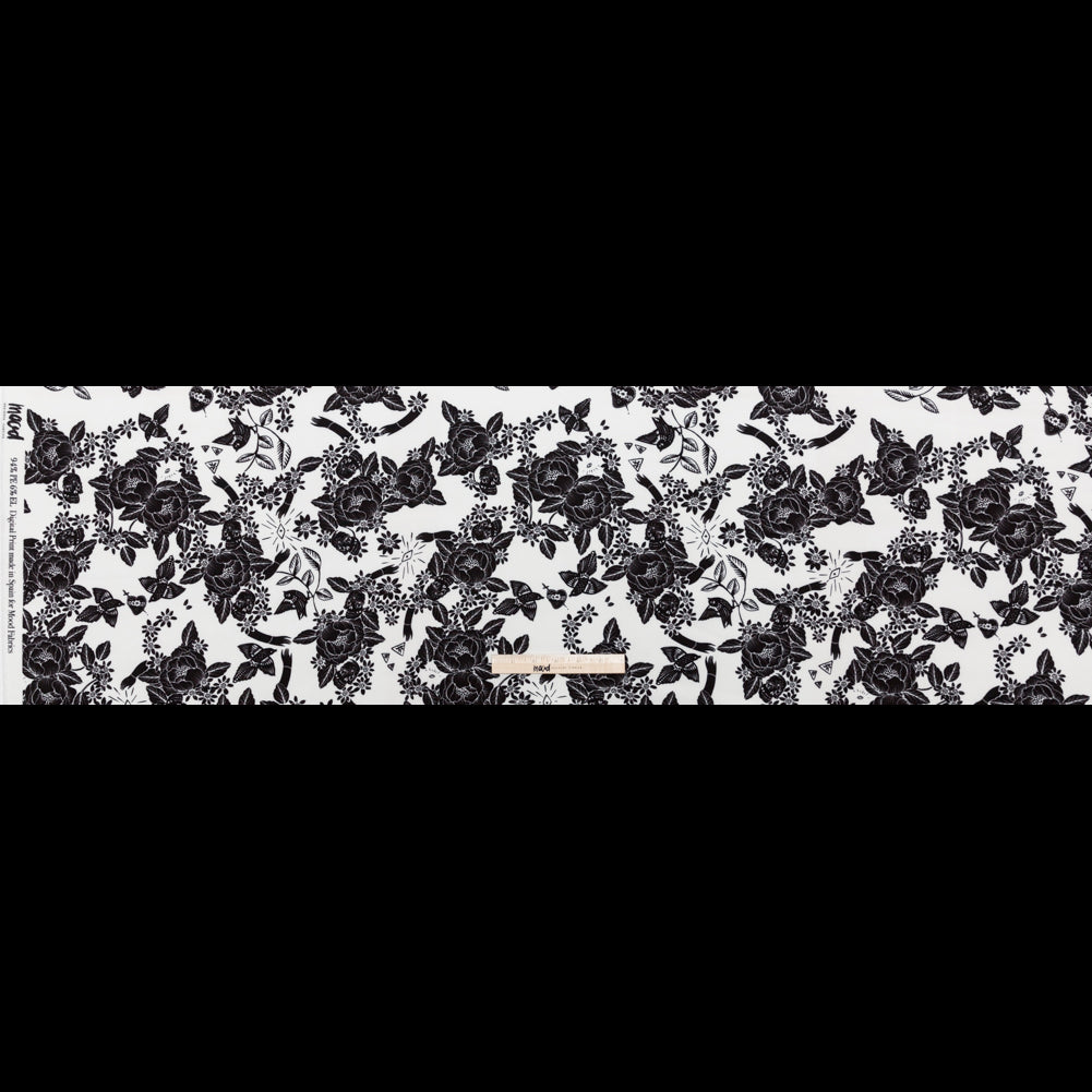 Stretch Polyester Crepe - White and Black Roses - Prophetic Dreams Print - Mood Exclusive Crow Collection