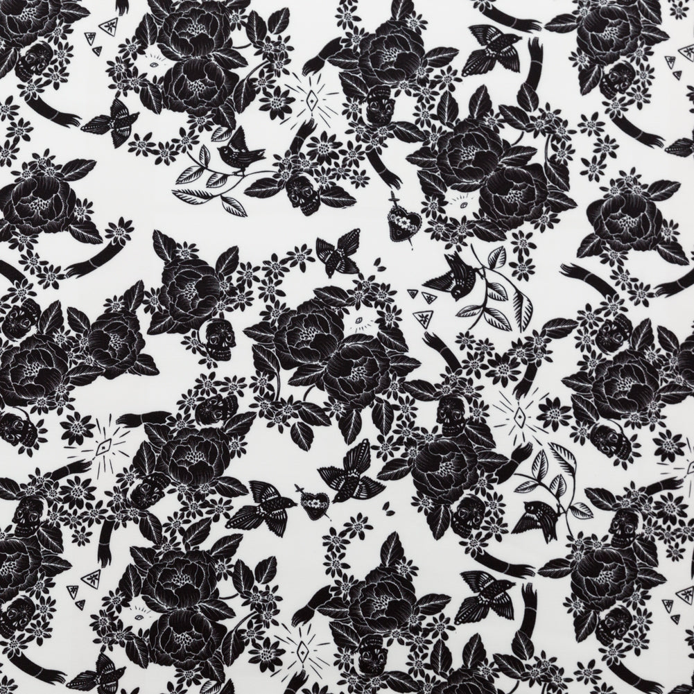 Stretch Polyester Crepe - White and Black Roses - Prophetic Dreams Print - Mood Exclusive Crow Collection
