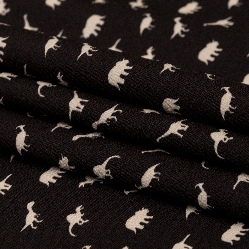 Stretch Polyester Crepe - Black and White Dinosaurs - Allegorical Dreams and Presentiments Print - Mood Exclusive Crow Collection - Folded