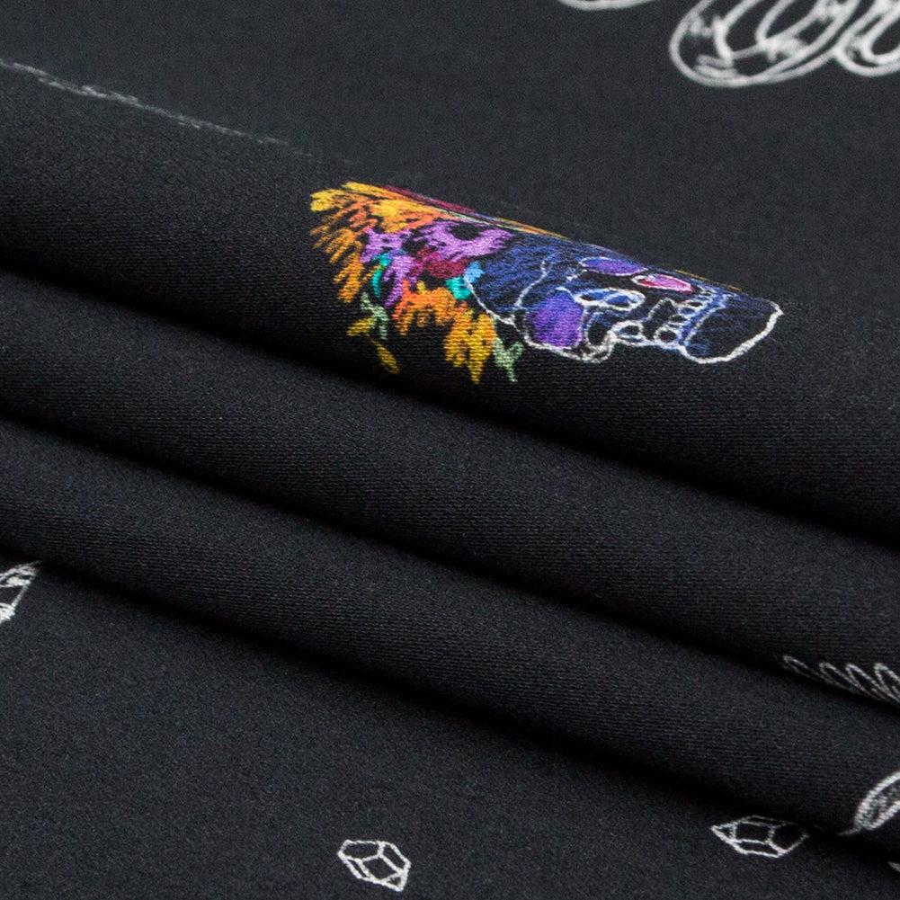 Stretch Cotton Sateen - Black and Multicolor Skulls and Snakes - Lover's Farewell Print - Mood Exclusive Crow Collection - Folded