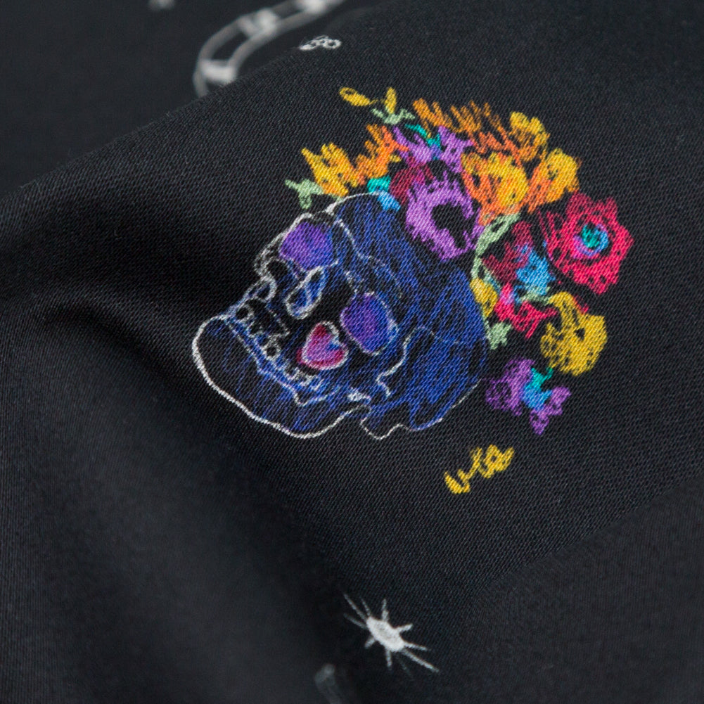 Stretch Cotton Sateen - Black and Multicolor Skulls and Snakes - Lover's Farewell Print - Mood Exclusive Crow Collection - Detail