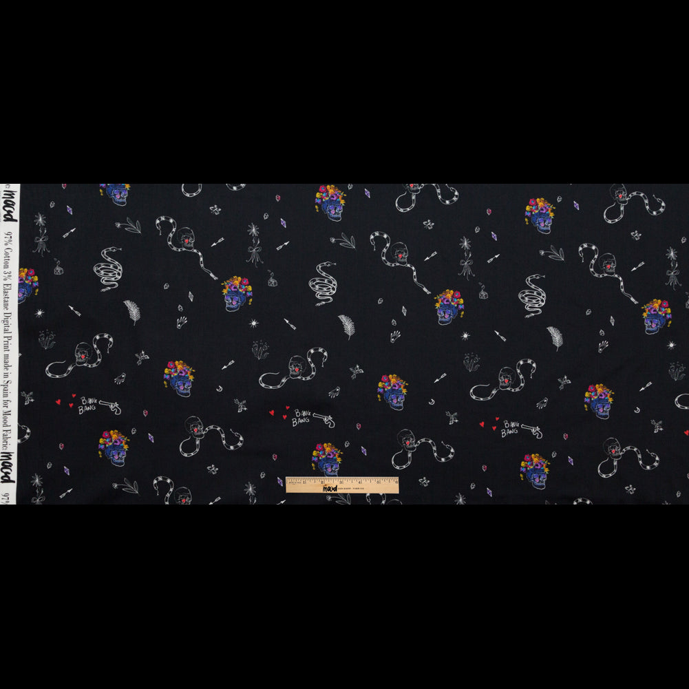 Stretch Cotton Sateen - Black and Multicolor Skulls and Snakes - Lover's Farewell Print - Mood Exclusive Crow Collection - Full