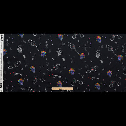Stretch Cotton Sateen - Black and Multicolor Skulls and Snakes - Lover's Farewell Print - Mood Exclusive Crow Collection