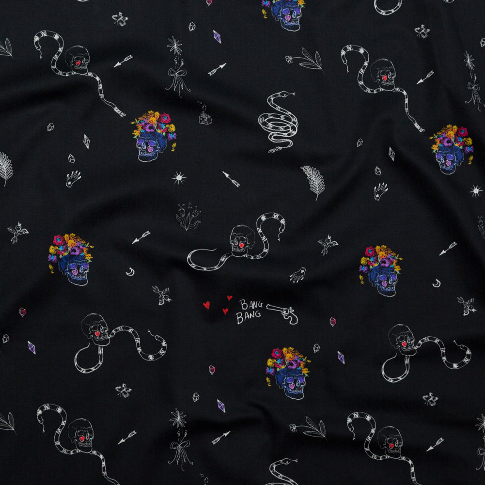 Stretch Cotton Sateen - Black and Multicolor Skulls and Snakes - Lover's Farewell Print - Mood Exclusive Crow Collection