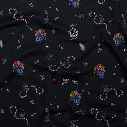 Stretch Cotton Sateen - Black and Multicolor Skulls and Snakes - Lover's Farewell Print - Mood Exclusive Crow Collection