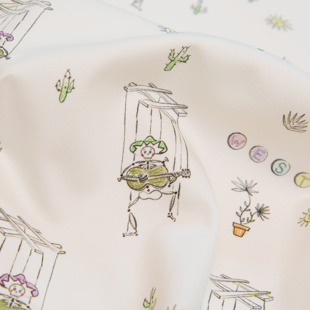 Satén de algodón elástico - Marionetas de esqueletos blancos - Estampado "La historia de mi amigo" - Colección exclusiva de cuervos de Mood