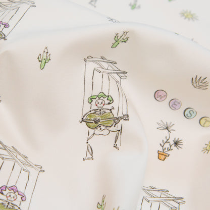 Satén de algodón elástico - Marionetas de esqueletos blancos - Estampado "La historia de mi amigo" - Colección exclusiva de cuervos de Mood