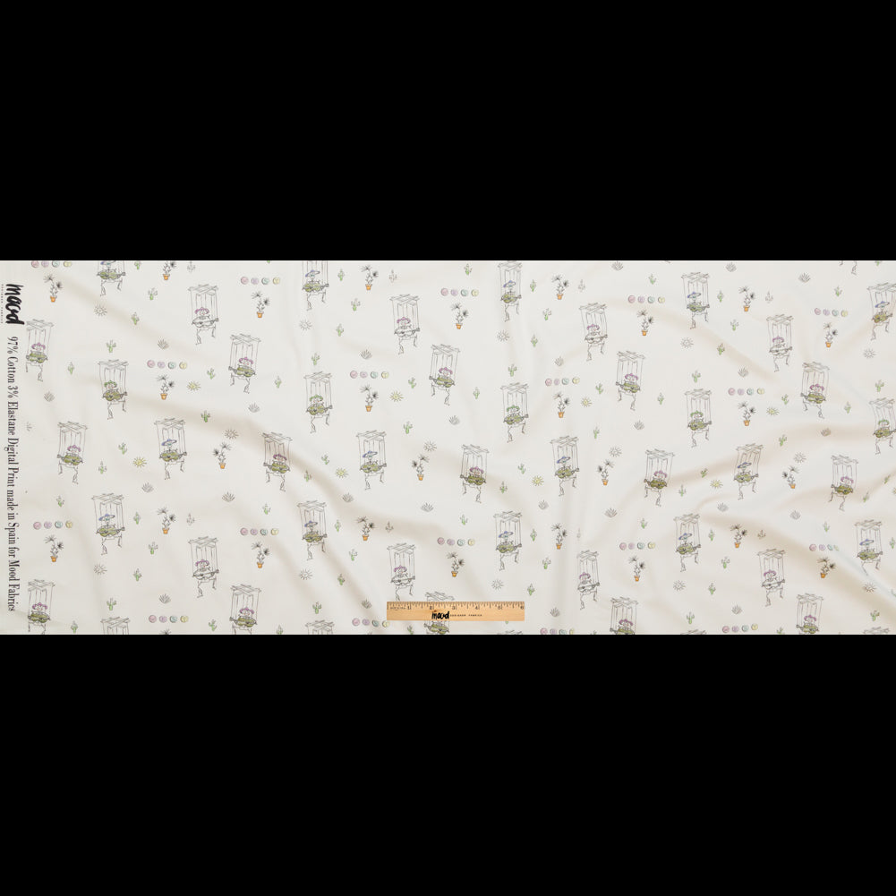 Satén de algodón elástico - Marionetas de esqueletos blancos - Estampado "La historia de mi amigo" - Colección exclusiva de cuervos de Mood