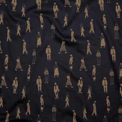 Stretch Cotton Sateen - Black and Beige People - Double Dreaming and Trance Print - Mood Exclusive Crow Collection