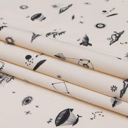 Stretch Cotton Sateen - White Flying Machines and Outer Space - Future That Awaits Us Print - Mood Exclusive Crow Collection