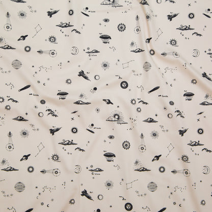 Stretch Cotton Sateen - White Flying Machines and Outer Space - Future That Awaits Us Print - Mood Exclusive Crow Collection