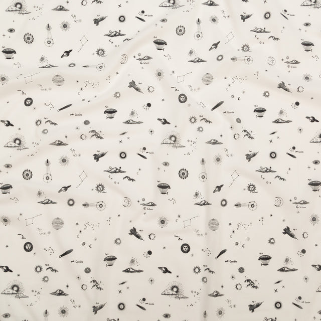 Cotton Voile - White Flying Machines and Outer Space - Future That Awaits Us Print - Mood Exclusive Crow Collection
