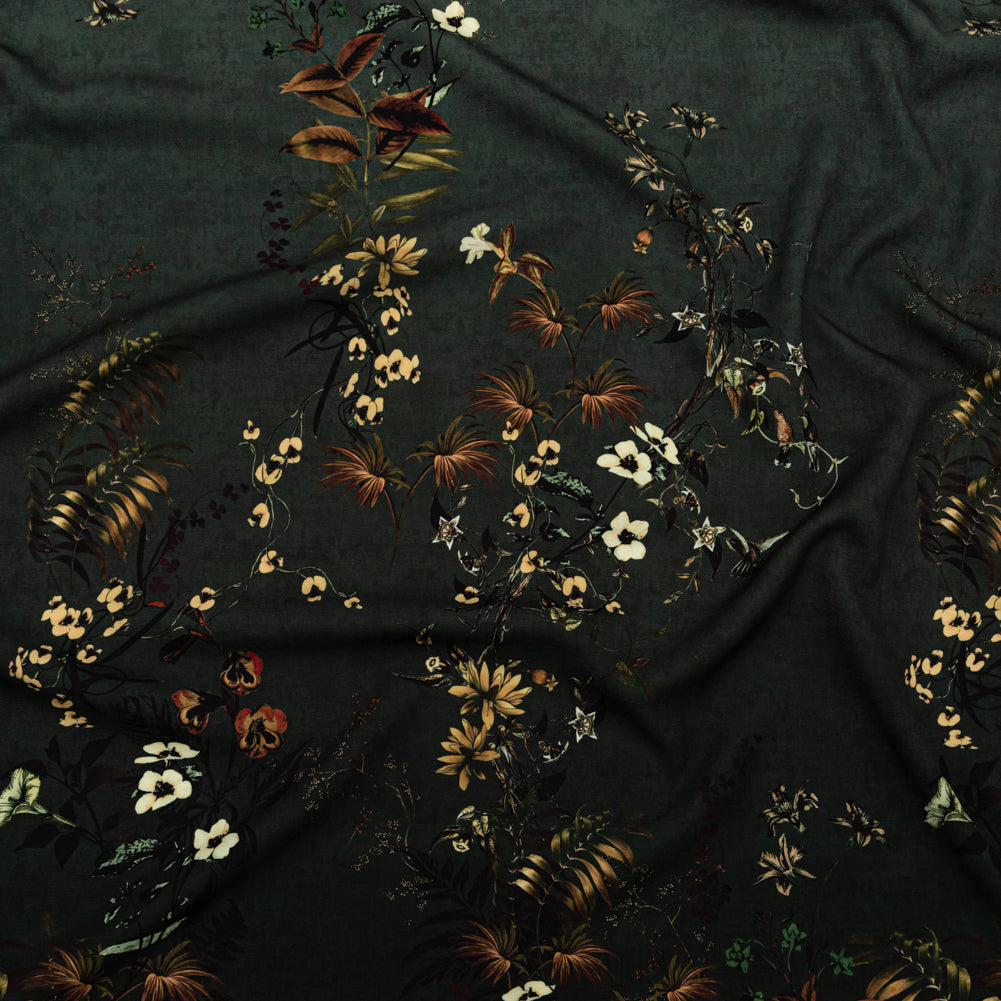 Stretch Polyester Crepe - Dark Green Floral - Verdant Shadows Print - Mood Exclusive Serengeti Collection