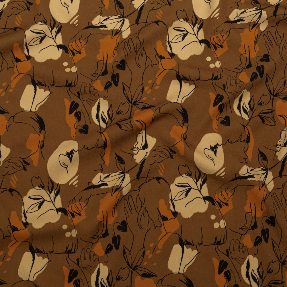 Stretch Polyester Crepe - Brown Figure Lines - Contoured Personage Print - Mood Exclusive Serengeti Collection