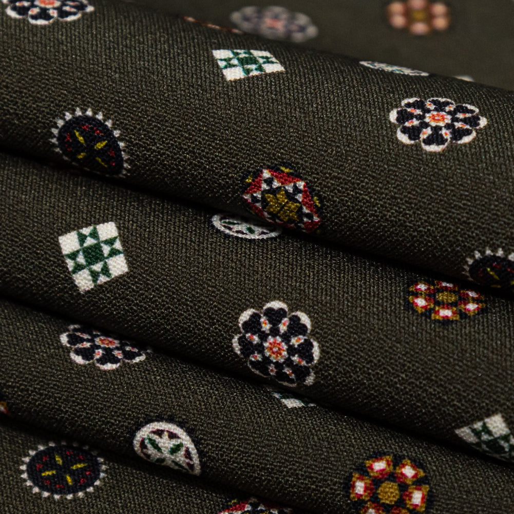 Stretch Polyester Crepe - Olive Green LIttle Medallions - Emblematic Medallions Print - Mood Exclusive Serengeti Collection