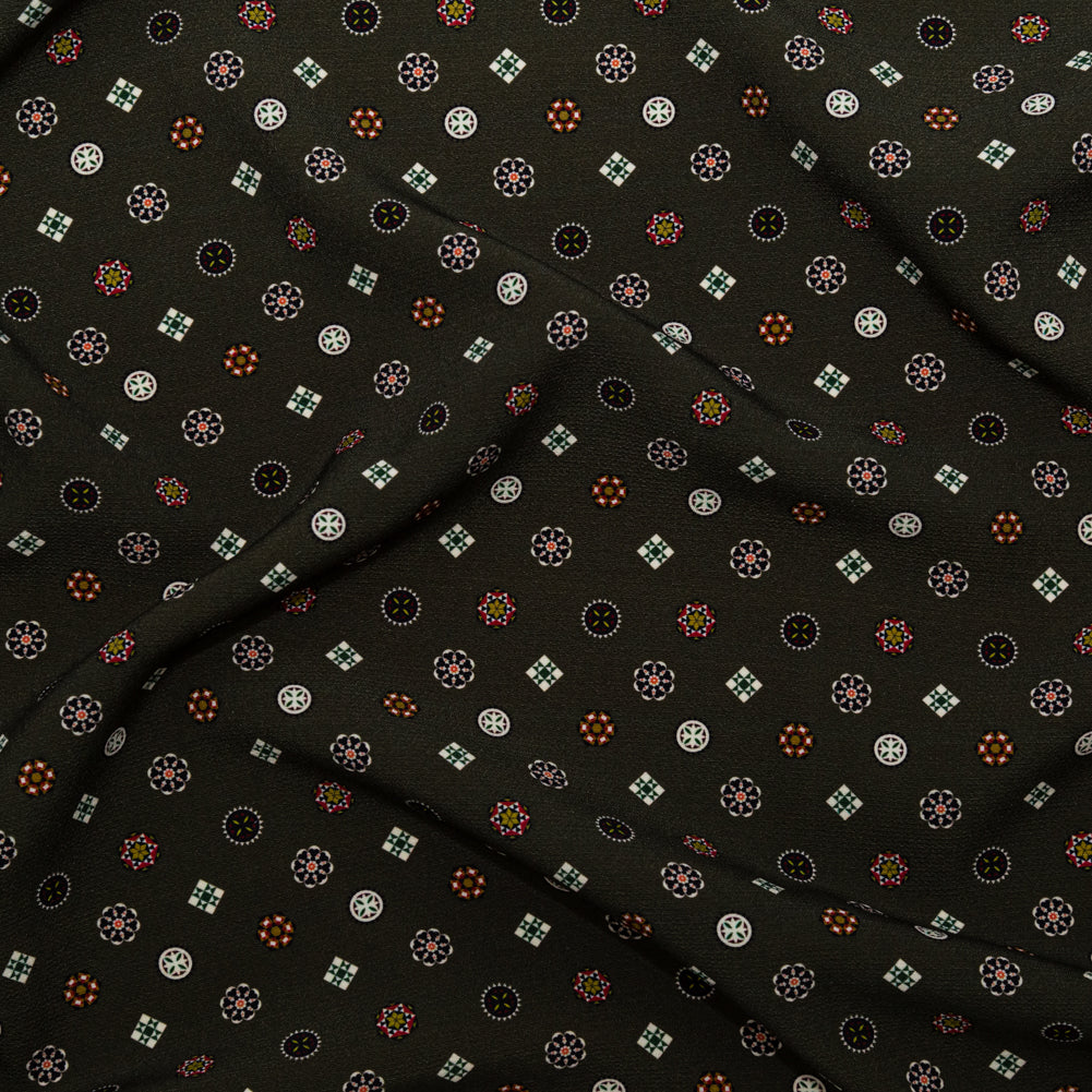 Stretch Polyester Crepe - Olive Green LIttle Medallions - Emblematic Medallions Print - Mood Exclusive Serengeti Collection