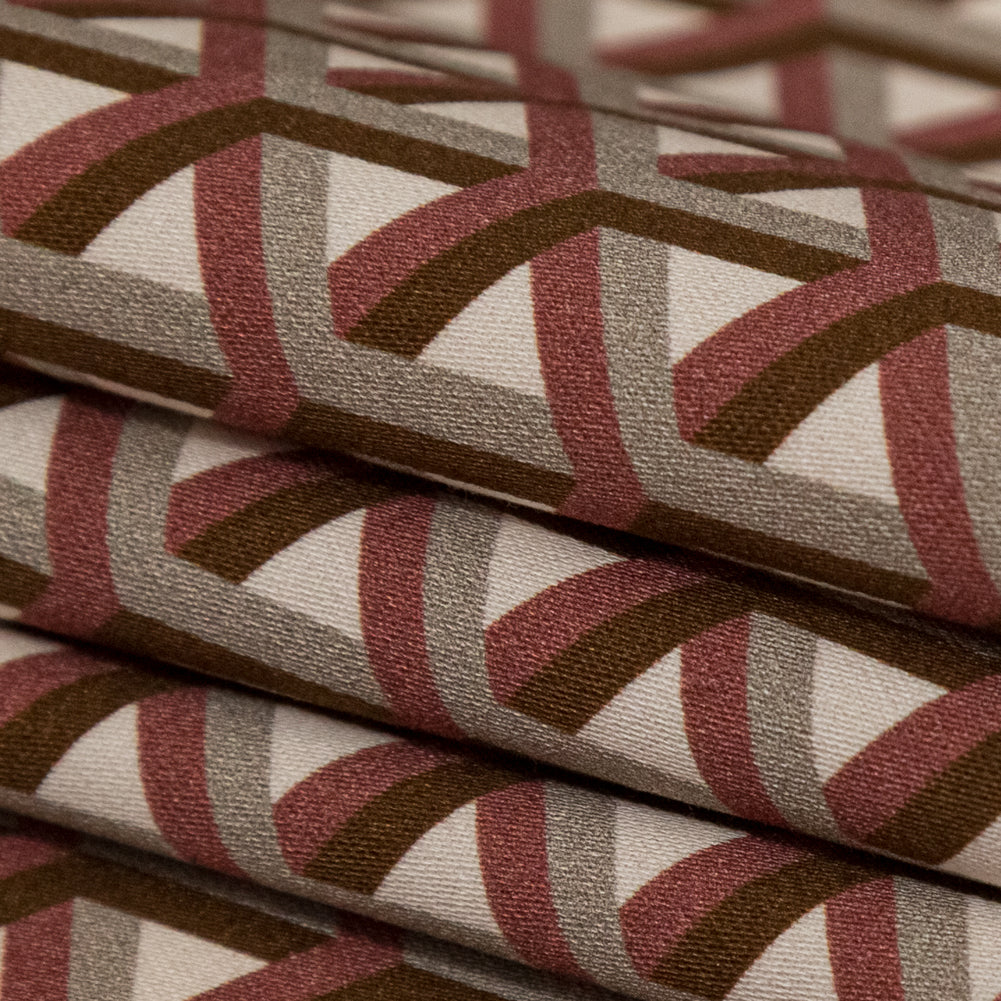 Stretch Cotton Sateen - Maroon Geometric - Isometric Entanglement Print - Mood Exclusive Serengeti Collection - Folded