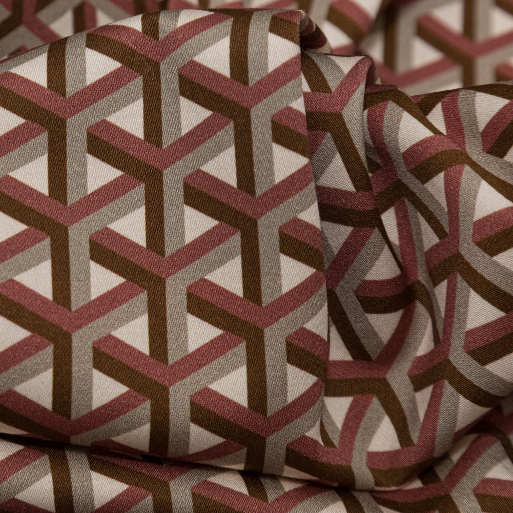 Stretch Cotton Sateen - Maroon Geometric - Isometric Entanglement Print - Mood Exclusive Serengeti Collection - Detail
