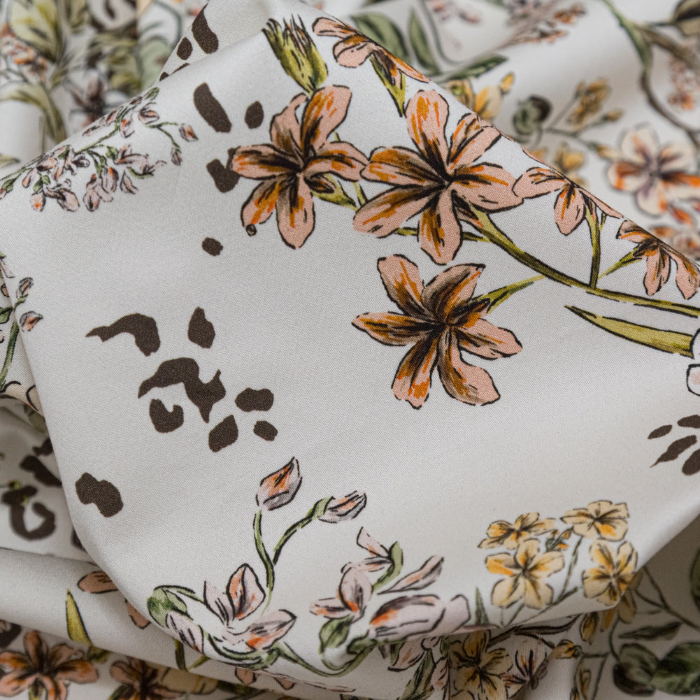 Stretch Cotton Sateen - White Floral - Blossoms Adrift Print - Mood Exclusive Serengeti Collection