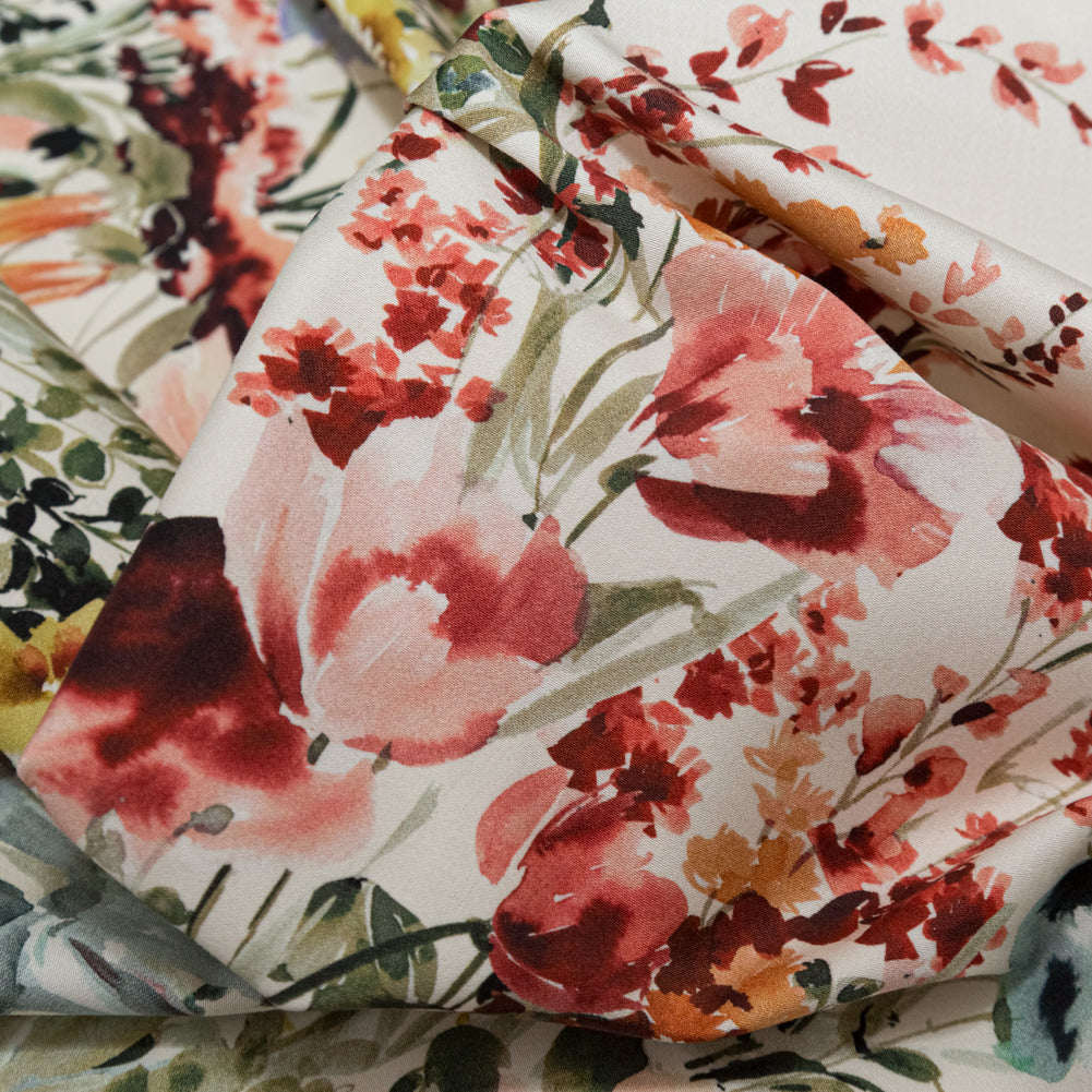 Stretch Cotton Sateen - Pink and Blue Floral Border - Floral Fantasia Print - Mood Exclusive Serengeti Collection