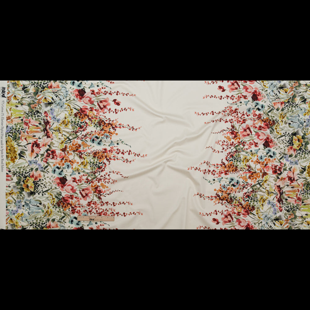 Stretch Cotton Sateen - Pink and Blue Floral Border - Floral Fantasia Print - Mood Exclusive Serengeti Collection